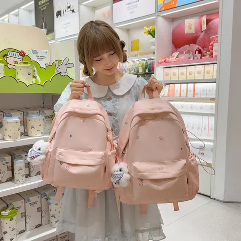 Sac à Dos Scolaire en Nylon Style Ins Japonais Pour Filles Imperméable Broderie Étoile Lune Voyage Étudiant Avec Porte-clés