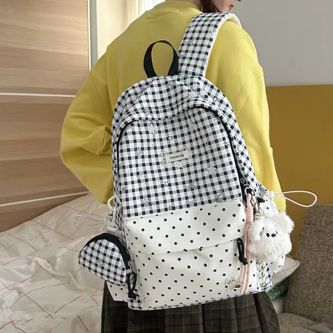 Sac à Dos Scolaire à Carreaux de Style Harajuku Coréen pour Filles Étudiante Grande Capacité en Nylon Résistant à l'Eau Motif à Pois