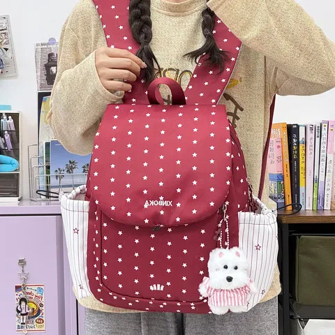 Women Lightweight Nylon Stars Printed Backpack Drawstring School Bag Casual Large Capacity Travel Daypack Single Flap Cover Laptop Backpack