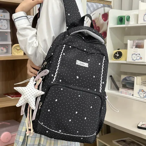 Women School Backpack Star Print Large Capacity Lightweight Waterproof Nylon Daypack Campus Style Bag for Teenager Girls
