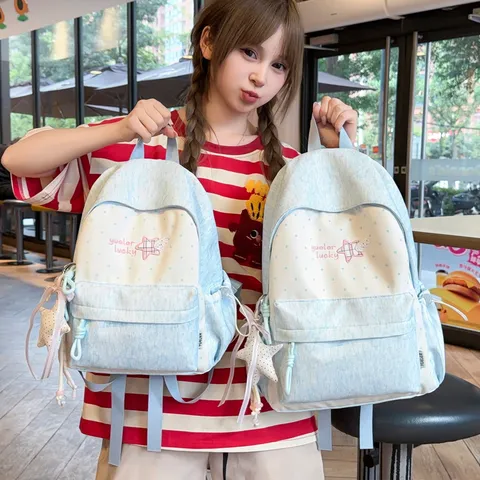 Japanese Ins Style Nylon School Backpack For Teen Girls Lightweight Large Capacity Casual Bookbag With Star Embroidery