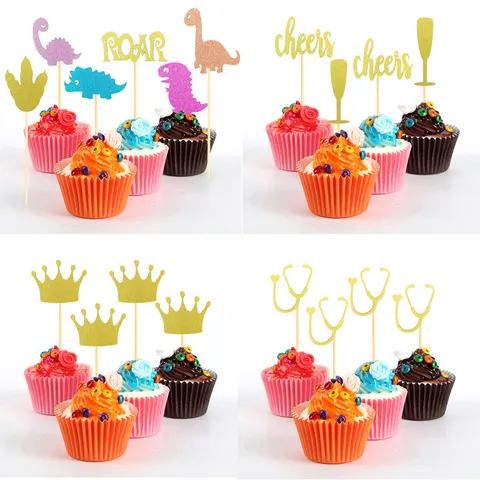 Cartoon Dinosaurier Grosse Goldene Krone Stethoskop Kuchendekoration Glitzer Papier Cupcake Deko Für Geburtstag