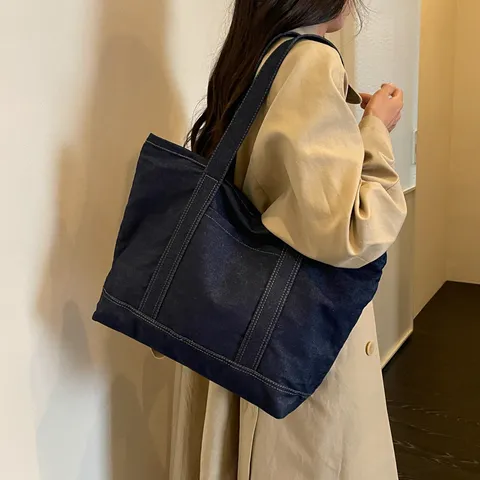 Grand Sac Cabas en Denim pour Femmes Sac de Shopping Décontracté Polyvalent pour Étudiants École Sac Bandoulière Quotidien