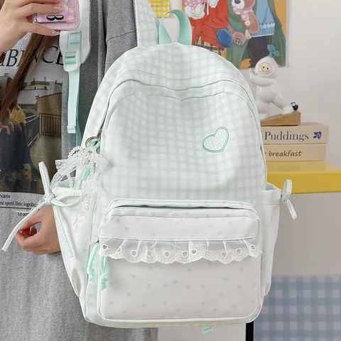 Kawaii Plaid Polka Dot Lace Bowknot School Backpack Girls Cute Sweet Casual Bookbag Waterproof Nylon Travel Daypack