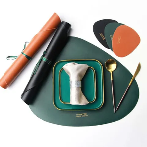 Nordischer Stil Wasserdicht Hitzebeständig PU Leder Tischset Und Untersetzer Set Unregelmäßige Wassertropfen Tischmatte Für Esstisch