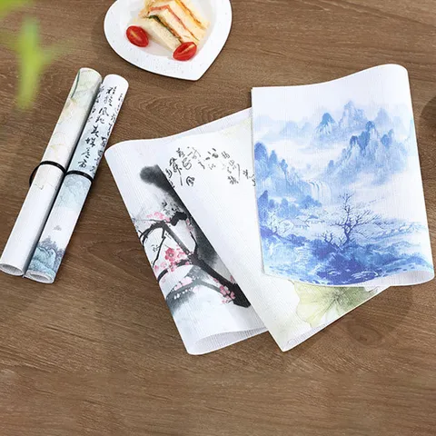 Chinesischer Stil PVC Gewebtes Tischset Hitzebeständig Verbrühungsschutz Wasserdichte Tischmatte Tinte Malerei Esstisch Dekoration Pad