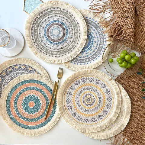 Tovaglietta in Cotone Tessuto Boemo Nordico Nappe Rotonde Tappetino Termico Decorazione per Tavolo da Pranzo