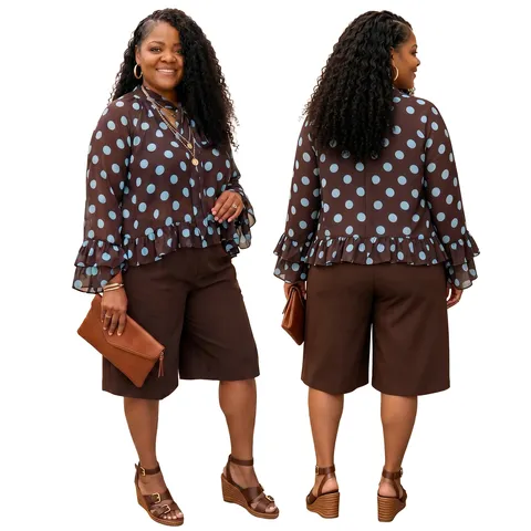 Women Plus Size Casual Polka Dot Long Sleeve Lace Up Loose Top And Pants Casual Set For Women Fashion Apparel
