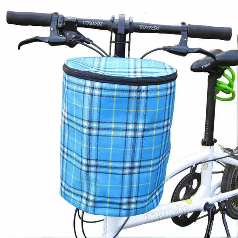 Panier de Guidon de Vélo en Toile Sac de Vélo Avant Pliable avec Couvercle à Fermeture Éclair Pochette de Rangement à Carreaux Accessoires d'Équipement de Cyclisme
