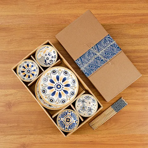 Japanese Style Ceramic Bowl And Plate Set Dinnerware Gift Boxed Floral Pattern Tableware Kitchen Dining Supplies