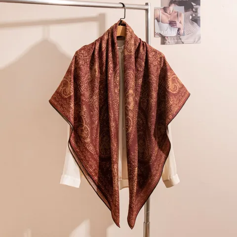 Sciarpa di Lusso in Misto Seta e Lana da Donna Vintage Stampa Nautica Floreale Grande Scialle Quadrato Stile Moda