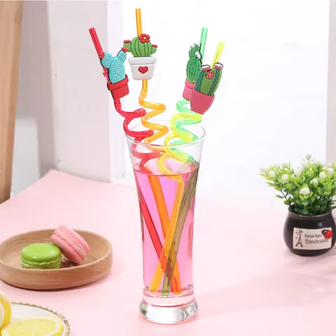Cannucce da Bere a Forma di Cactus Carine Pianta Cartone Animato Silicone Decorativo Plastica Cannucce Ricce per Festa Bambini