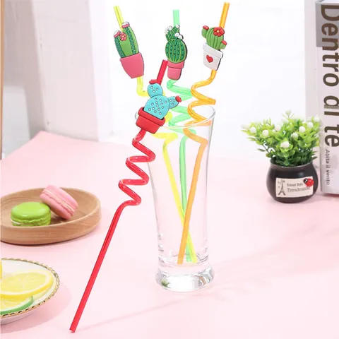 Cannucce da Bere a Forma di Cactus Carine Pianta Cartone Animato Silicone Decorativo Plastica Cannucce Ricce per Festa Bambini