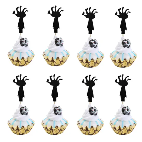 Halloween Black Glitter Zombie Hand Insert Cards DIY Dessert Table Cupcake Toppers Party Decorative Props