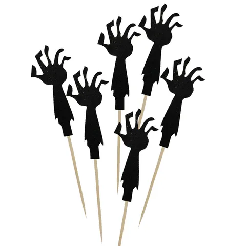 Halloween Black Glitter Zombie Hand Insert Cards DIY Dessert Table Cupcake Toppers Party Decorative Props