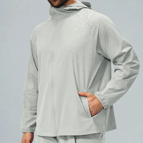 Veste à Capuche Homme Extérieur Nylon Recyclé Spandex Hydrofuge Léger Coupe-vent Sport Décontracté Top