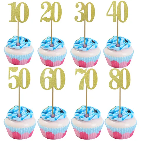 Glitter Gold Number Cake Topper Happy Birthday Party Cake Decoration Glitter Paper DIY Dessert Table Insert Flag