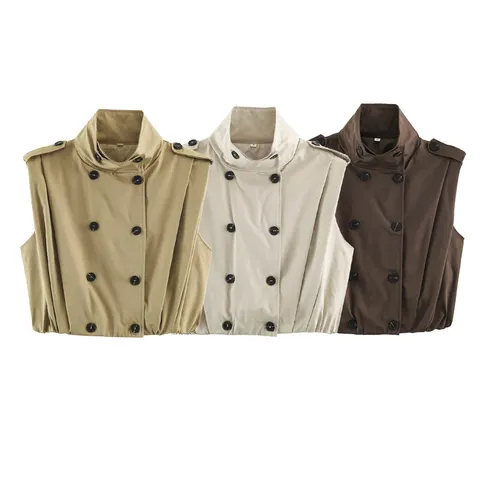 Women's Stand Collar Double Breasted Windbreaker Vest Sleeveless Pleated Hem Jacket Fashion Streetwear Waistcoat Polyester Outerwear