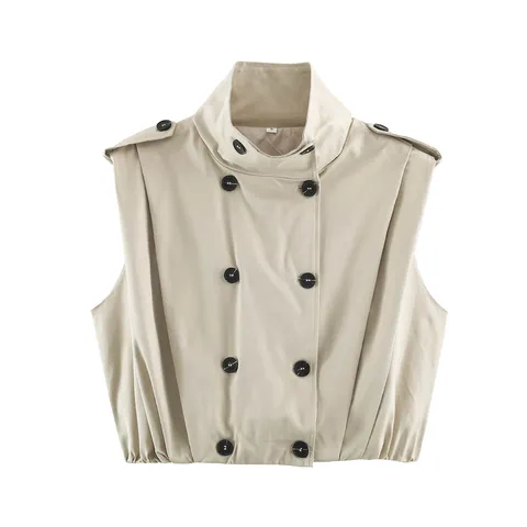 Women's Stand Collar Double Breasted Windbreaker Vest Sleeveless Pleated Hem Jacket Fashion Streetwear Waistcoat Polyester Outerwear