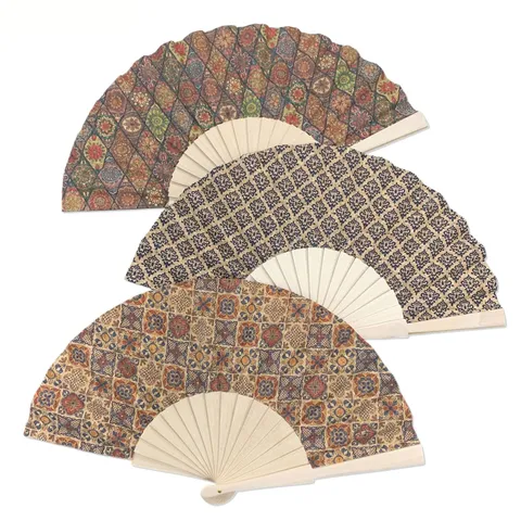 Éventail Pliant en Bois de Style Espagnol Liège Vintage Imprimé Floral Éventail Portable Refroidissement Été Décoration Maison