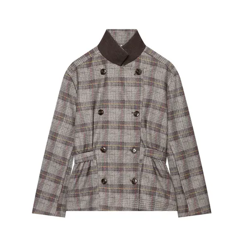 Women Stand Collar Plaid Blazer Double Breasted Waist Strap Grey Plaid Jacket Elegant Long Sleeve Office Wear Outerwear