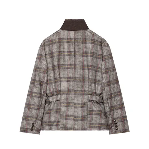 Women Stand Collar Plaid Blazer Double Breasted Waist Strap Grey Plaid Jacket Elegant Long Sleeve Office Wear Outerwear