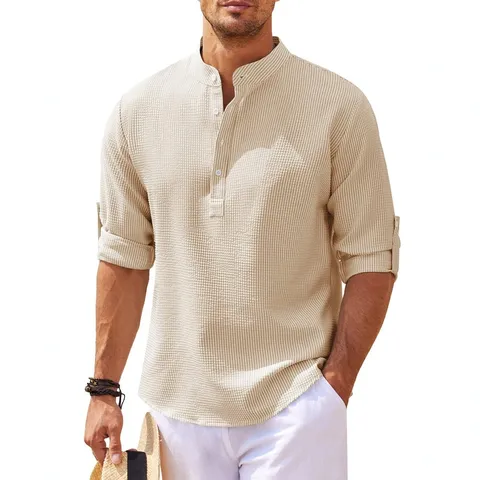 Camicia Casual Collo alla Coreana Manica Tre Quarti Tessuto Waffle da Uomo Poliammide Tinta Unita Vestibilità Larga Top