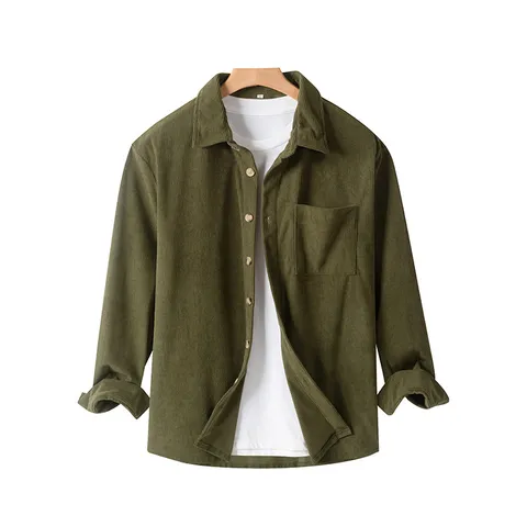 Camicia Casual a Manica Lunga in Velluto a Coste da Uomo Tinta Unita Colletto Rovesciato Bottoni Primavera Autunno