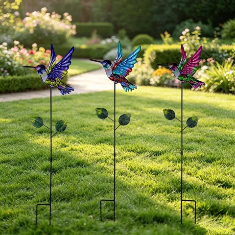 Piquet de Jardin Colibri en Fer Forgé Décoration Extérieure de Cour et de Pelouse Ornement d'Oiseau en Métal Avec Tige de Support