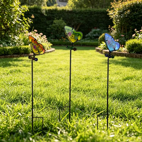 Piquet de Jardin Papillon en Verre de Fer Extérieur Cour Pelouse Piquet Décoratif Ailes Colorées Ornement d'Art de Jardin
