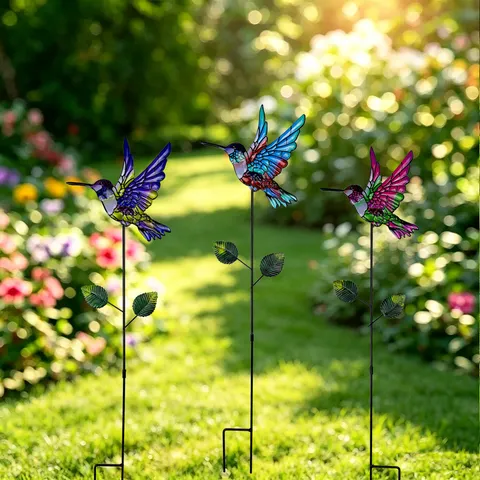 Piquet de Jardin Colibri en Fer Forgé Décoration Extérieure de Cour et de Pelouse Ornement d'Oiseau en Métal Avec Tige de Support