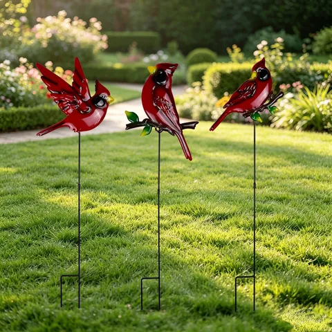 Piquet de Jardin Cardinal en Métal Oiseau Rouge Décoration de Pelouse Extérieure Art en Métal