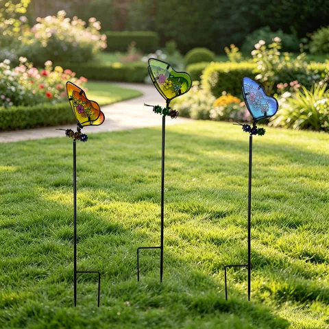 Piquet de Jardin Papillon en Verre de Fer Extérieur Cour Pelouse Piquet Décoratif Ailes Colorées Ornement d'Art de Jardin