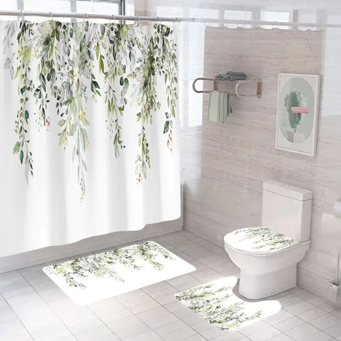 Waterproof Fabric Shower Curtain Set Spring Green Leaves Botanical Bathroom Decor Printed Shower Curtain