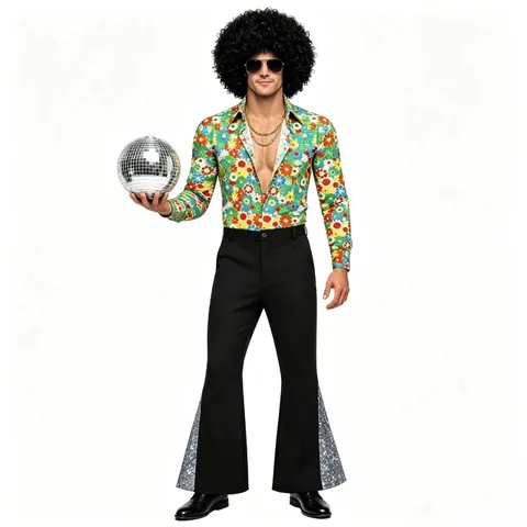 Herren 70er Jahre Disco Kostüm Top Und Bottom Set Glänzendes Pailletten Langarmhemd Schlaghose Retro Performance Party Outfit