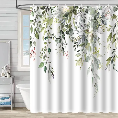 Waterproof Polyester Shower Curtain Botanical Floral Pattern Digital Print Bathroom Shower Curtain with Hooks for Home Bath Decor