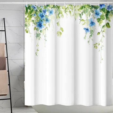 Waterproof Polyester Shower Curtain Botanical Floral Pattern Digital Print Bathroom Shower Curtain with Hooks for Home Bath Decor