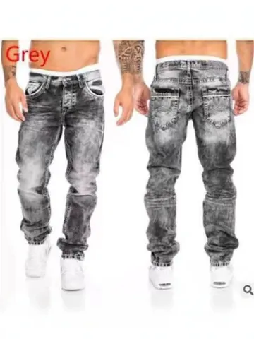 Pantaloni in Denim Dritti Casual Hip Hop da Uomo Jeans in Cotone Lavato Con Cuciture a Contrasto E Ricamo