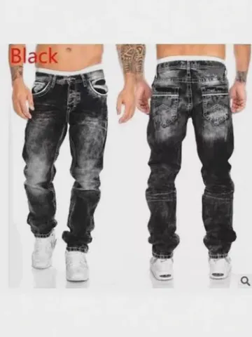 Pantaloni in Denim Dritti Casual Hip Hop da Uomo Jeans in Cotone Lavato Con Cuciture a Contrasto E Ricamo