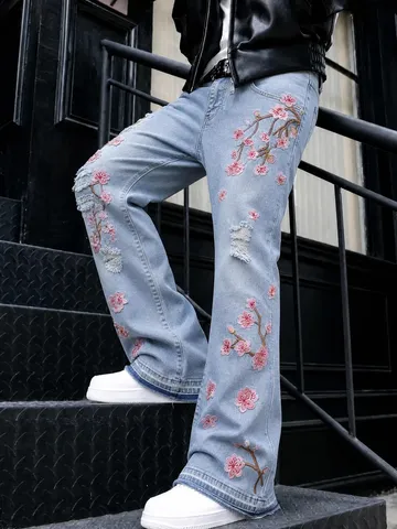 Jeans Denim Bootcut Streetwear da Uomo Vintage Lavato Strappato Ricamo Floreale Pantaloni Lunghi Casual