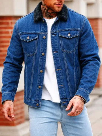 Giacca di Jeans con Fodera in Pile Lavata Vintage da Uomo Inverno Caldo Blocco Colore Risvolto Monopetto