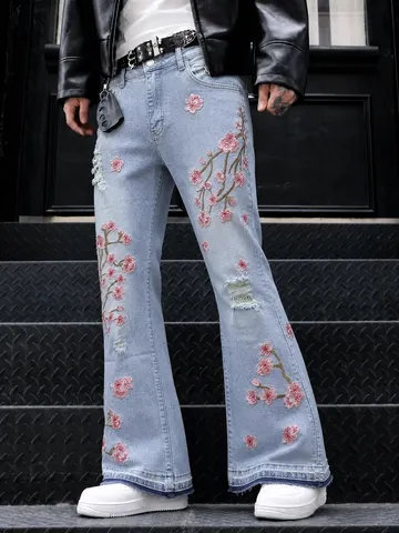 Jeans Denim Bootcut Streetwear da Uomo Vintage Lavato Strappato Ricamo Floreale Pantaloni Lunghi Casual