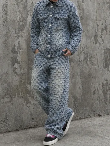 Giacca di Jeans Lavato Effetto Vissuto Bordo Vivo e Pantaloni Dritti da Uomo Completo Casual a Due Pezzi Vintage Americano