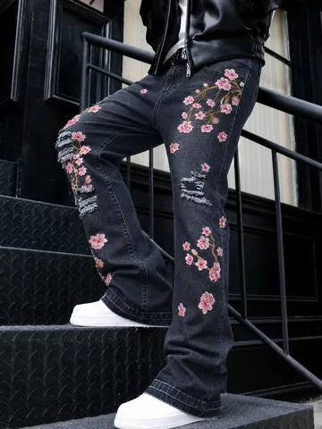Jeans Dritti Casual da Uomo Vintage Lavati Pantaloni in Cotone Elastico con Ricamo di Fiori di Prugno Streetwear