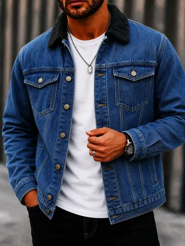Giacca di Jeans con Fodera in Pile Lavata Vintage da Uomo Inverno Caldo Blocco Colore Risvolto Monopetto