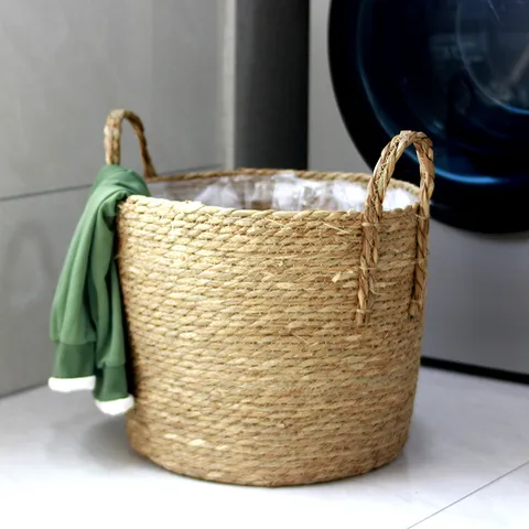 Natural Straw Woven Storage Basket Seagrass Laundry Organizing Bin Home Decor