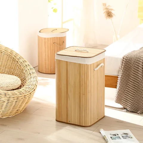 Bamboe Opvouwbare WasMand Met Deksel Stoffen Voering Opslag Mand Kleding Speelgoed Organizer Voor Thuis Slaapkamer