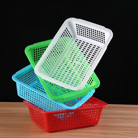 Panier de Rangement en Plastique Rectangulaire Ajouré Panier d'Égouttage Maison Cuisine Légumes Fruits Organisateur Conteneur