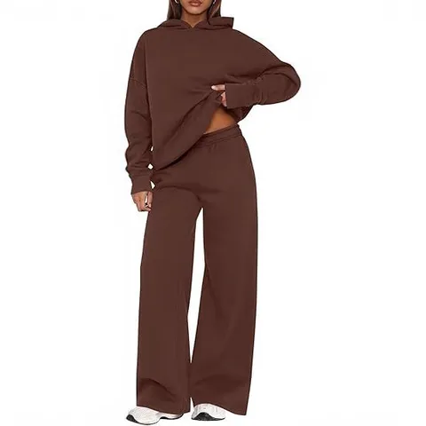 Dames Effen Kleur Fleece Gevoerd Hoodie en Wijde Pijpen Broek Tweedelig Set Herfst Winter Los Casual Warm Sportpak Top And Bottom