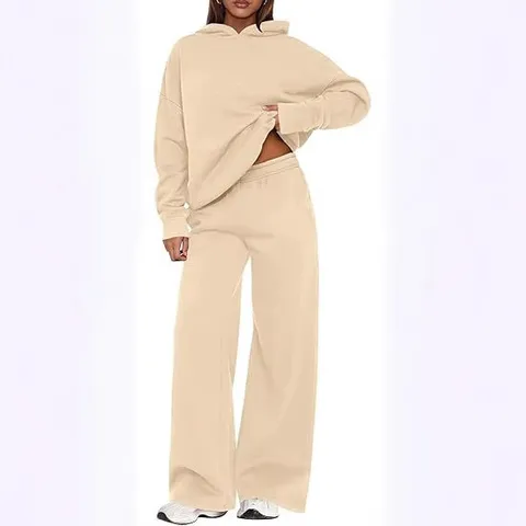 Dames Effen Kleur Fleece Gevoerd Hoodie en Wijde Pijpen Broek Tweedelig Set Herfst Winter Los Casual Warm Sportpak Top And Bottom